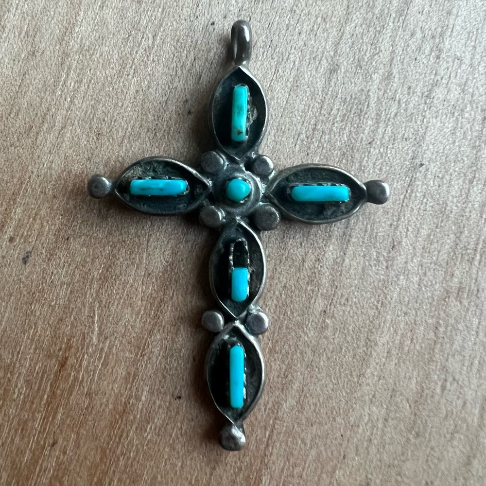 Vintage southwestern style Sterling silver turquoise cross pendant